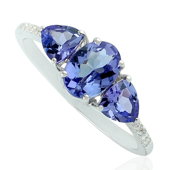 KIRAN FINE JEWEL Trillion Blue Tanzanite CZ Diamond Three Stone Ring 925 Sterling Silver Wedding Anniversary Band Ring Statement Jewelry Gift For Her