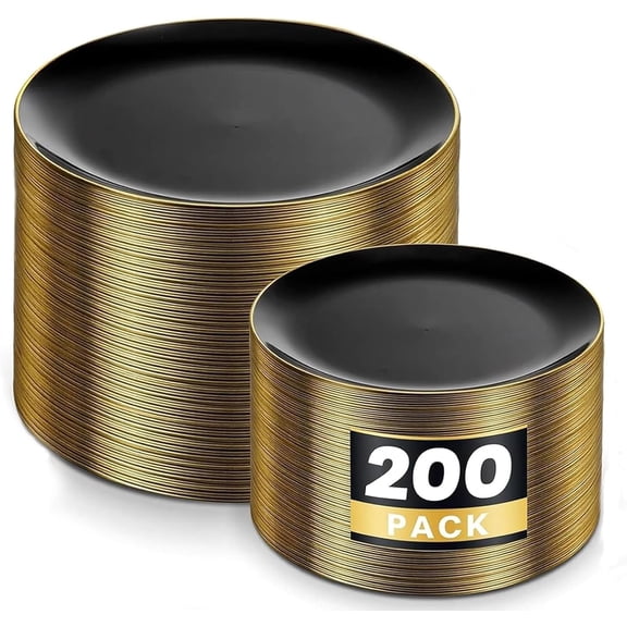 KIRE 200PCS Gold Plastic Plates - Disposable Plates for Party - White Plastic Plates with Gold Rim Include 100 for Dinner and 100 for Dessert/Salad in Wedding/Party/Spring/Graduation
