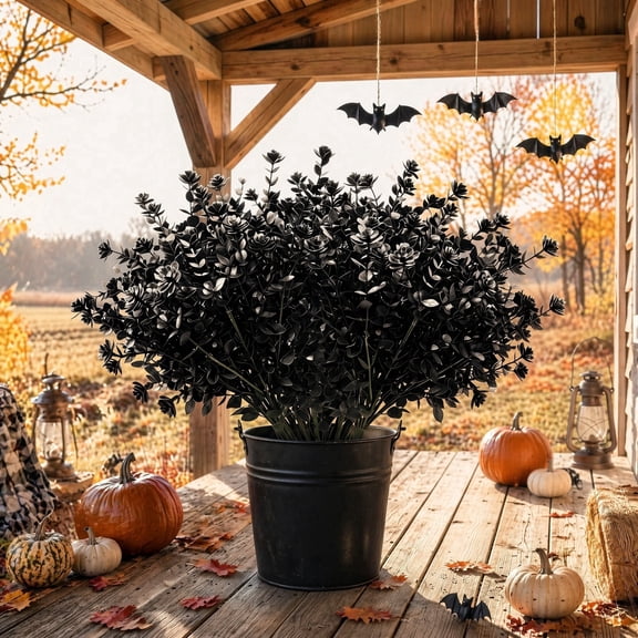 KIRIFLY Artificial Flowers Eucalyptus Black White UV Resistant Outdoor 8 Bundles Fake Flowers Autumn Faux Plants No Fade Plastic Greenery Stems for Halloween Thanksgiving Porch Decor (Black White)