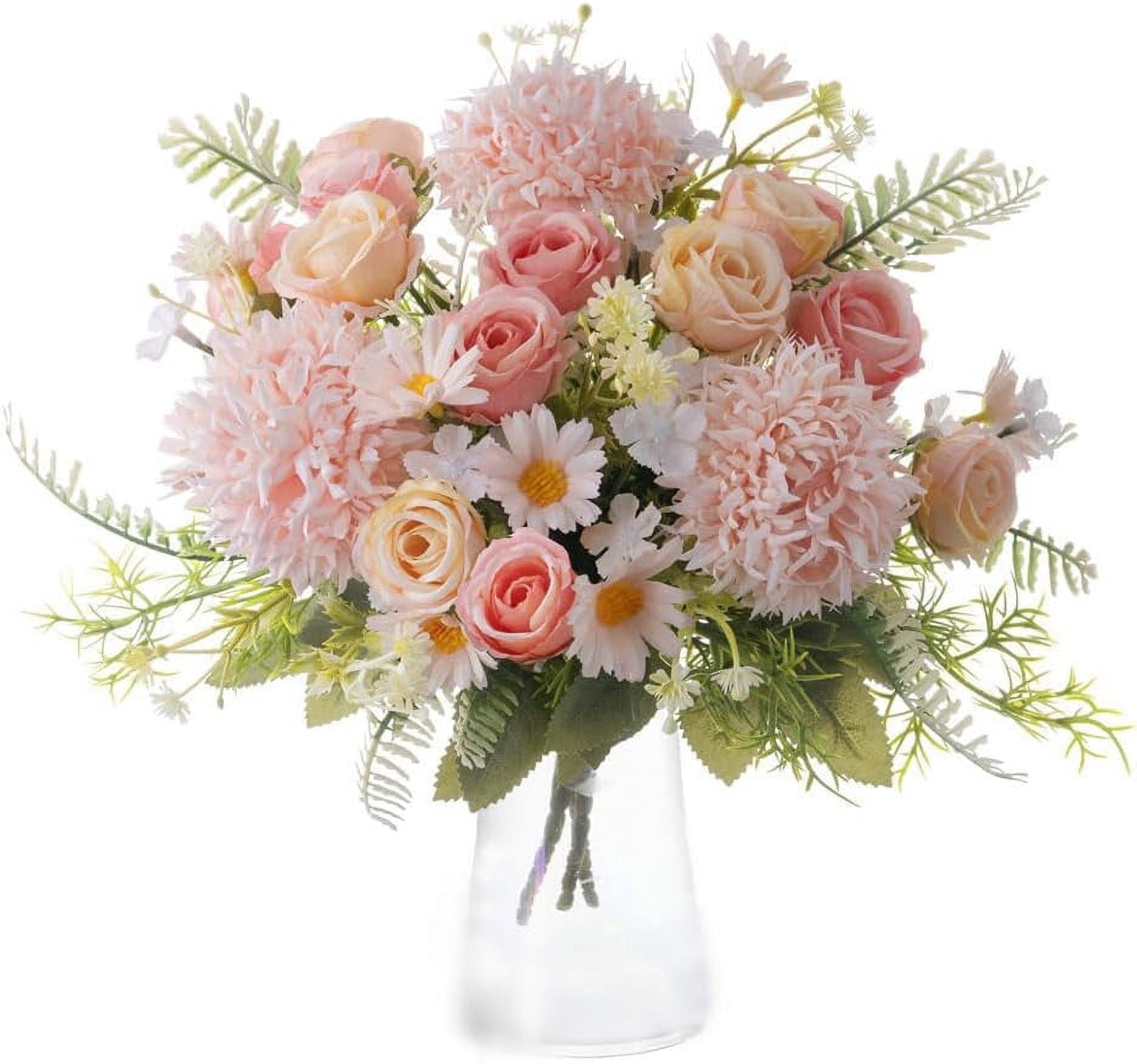 KIRIFLY Artificial Flowers, Fake Rose Silk Bouquet Decor Plastic Daisy Flower Arrangements Wedding Decoration Table Centerpieces 3 Packs (Pink Champagne)