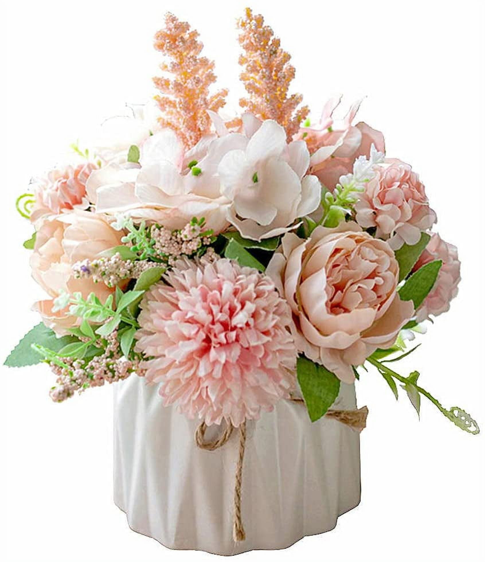 KIRIFLY Artificial Flowers Fake Silk Flower with Vase Flower Centerpieces for Wedding Decoration Table(Pink with ceramic vase)