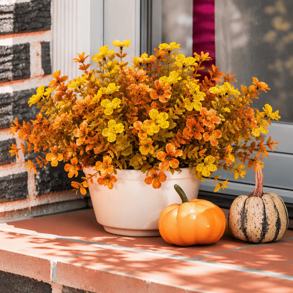 KIRIFLY Artificial Flowers Outdoor UV Resistant Fall Violet 8 Bundles Fake Faux Plants for Porch Patio Garden Wedding Farmhouse Decor (Yellow Orange )