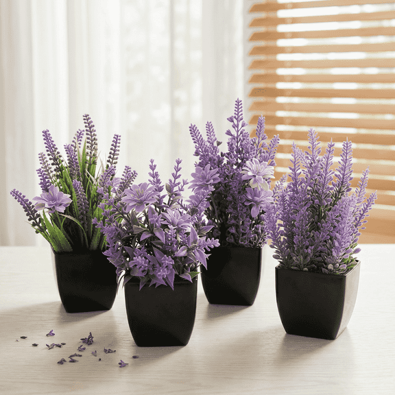 KIRIFLY Artificial Potted Plants Purple Lavender Plant Mini 4PCS Fake Plants Greenery Indoor Decor Plant Faux Plastic Plants for Office Home Bedroom Living Room Bathroom Desk (Purple)