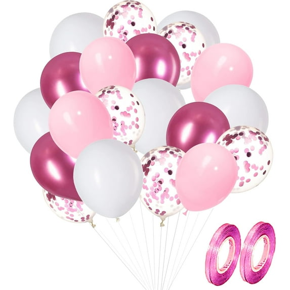 KIRIKOU 12 Inch 60 Pack Metallic Pink and White Confetti Balloons Garland Arch Kit Chrome Shinny Pastel Macaron Balloons with Ribbons for Wedding Baby Shower Graduation Birthday Party Decorations