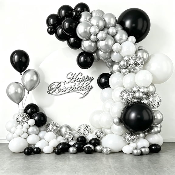 KIRIKOU 138 Pack Black Silver and White Balloon Garland Arch Kit 18" 12" 10" 5" Chrome Metallic Confetti Pastel Latex Balloons for Birthday New Year's Eve Graduation Party Decors