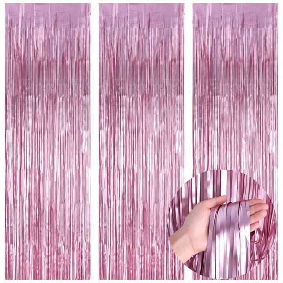 KIRIKOU 3 Pack Foil Fringe Curtains Backdrop Party Decoration, Metallic Tinsel Curtain Photo Backdrop for Birthday Bachelorette Party Bridal Baby Shower Decorations(Pink, 3.2ft x 6.5ft)