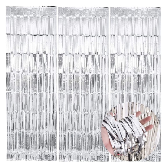 KIRIKOU 3 Pack Foil Fringe Curtains Backdrop Party Decoration, Metallic Tinsel Curtain Photo Backdrop for Birthday Bachelorette Party Bridal Baby Shower Decorations(Silver, 3.2ft x 6.5ft)