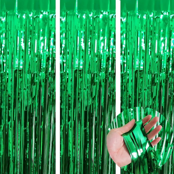 KIRIKOU Pack of 3 Green Foil Fringe Curtains Backdrop Party Decoration, 3.2ft x 6.5ft Metallic Tinsel Curtain Photo Backdrop for Birthday Bachelorette Party Bridal Baby Shower Decorations