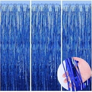 KIRIKOU Pack of 3 Navy Blue Foil Fringe Curtains Backdrop Party Decoration, 3.2ft x 6.5ft Metallic Tinsel Curtain Photo Backdrop for Birthday Bachelorette Party Bridal Baby Shower Decorations