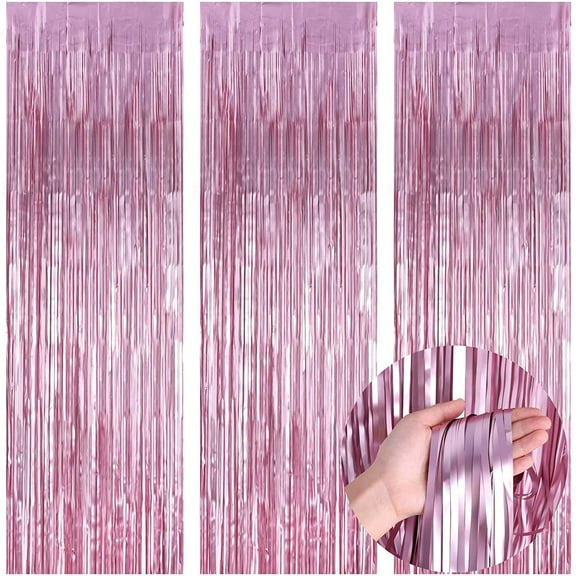 KIRIKOU Pack of 3 Pink Foil Fringe Curtains Backdrop Party Decoration, 3.2ft x 6.5ft Metallic Tinsel Curtain Photo Backdrop for Birthday Bachelorette Party Bridal Baby Shower Decorations