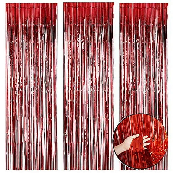 KIRIKOU Pack of 3 Red Foil Fringe Curtains Backdrop Party Decoration, 3.2ft x 6.5ft Metallic Tinsel Curtain Photo Backdrop for Birthday Bachelorette Party Bridal Baby Shower Decorations