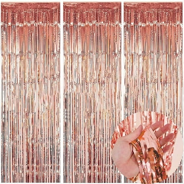 KIRIKOU Pack of 3 Rose Gold Foil Fringe Curtains Backdrop Party Decoration, 3.2ft x 6.5ft Metallic Tinsel Curtain Photo Backdrop for Birthday Bachelorette Party Bridal Baby Shower Decorations