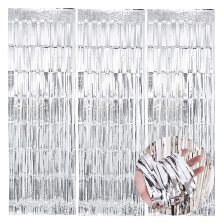 KIRIKOU Pack of 3 Silver Foil Fringe Curtains Backdrop Party Decoration, 3.2ft x 6.5ft Metallic Tinsel Curtain Photo Backdrop for Birthday Bachelorette Party Bridal Baby Shower Decorations