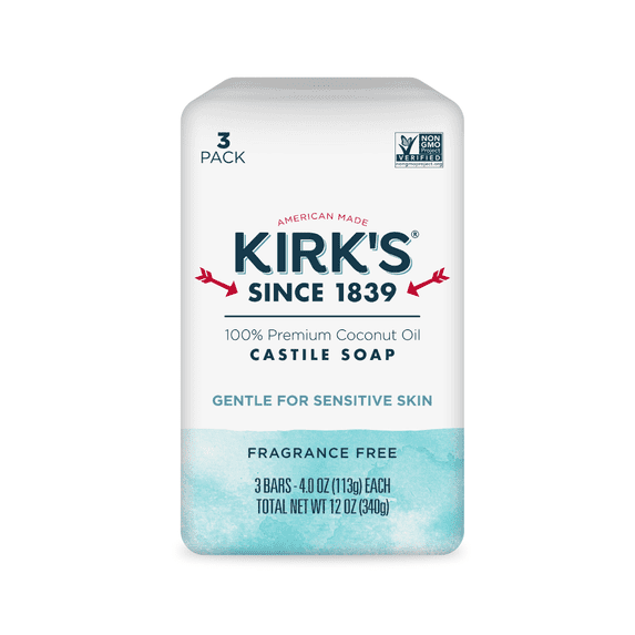 Kirk's Castile Bar Soap - Made With Premium Coconut Oil, Fragrance Free, 4 oz. Bars, 3 Pack