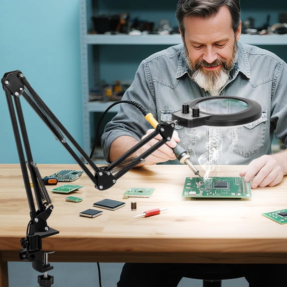 KIRKAS  Magnifying Lamp with Clamp, 2,200 Lumens Stepless Dimmable, 8-Diopter Real Glass Lens Magnifier, Adjustable Arm LED Magnifying Lamp with Clamp for Reading Repair Crafts Close Work- Black