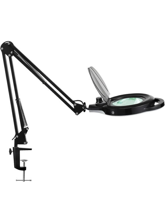 KIRKAS LED 10X Magnifying Desk Lamp with Handle, 2,200 Lumens Stepless Dimmable, Real Glass Lens Magnifier, Adjustable Arm LED Magnifying Lamp with Clamp for Reading Repair Crafts Close Work- Black