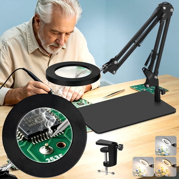 KIRKAS Magnifying Glass with Light and Stand, Real Glass 2-in-1Anti-Tipping Base & Clamp Magnifying Lamp, 3 Color Modes Stepless Dimmable, LED Lighted Magnifier with Light for Hobby Reading Craft