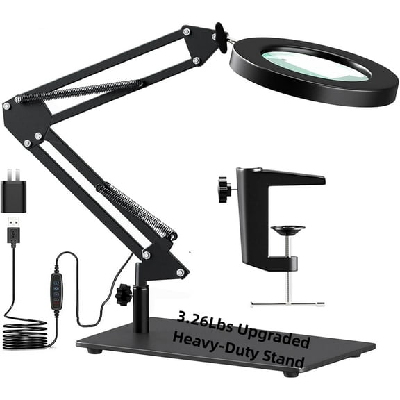 KIRKAS Magnifying Glass with Light and Stand, Real Glass 2-in-1Anti-Tipping Base & Clamp Magnifying Lamp, 3 Color Modes Stepless Dimmable, LED Lighted Magnifier with Light for Hobby Reading Craft