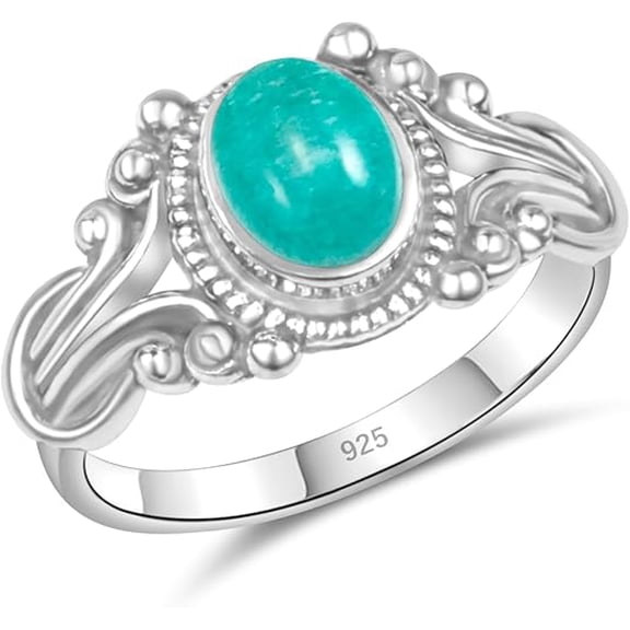 KIRTI GEMS 925 Sterling Silver Crystal Stacking Dainty Ring, Handmade Boho Vintage Design, Select Size 5-10 (Amazonite, 9)