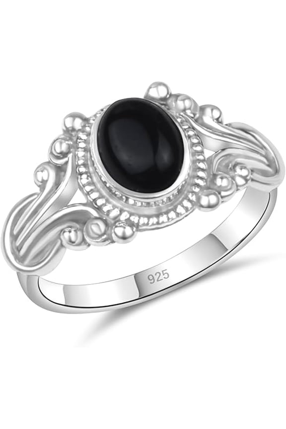 925 Sterling Silver Crystal Stacking Dainty Ring, Handmade Boho Vintage Design, Select Size 5-10 (Black Onyx, 8)