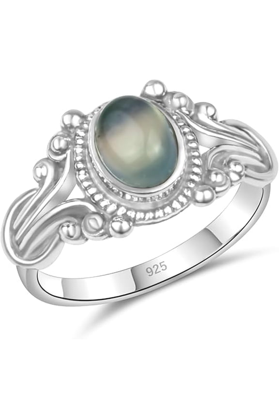 925 Sterling Silver Crystal Stacking Dainty Ring, Handmade Boho Vintage Design, Select Size 5-10 (Chalcedony, 7)