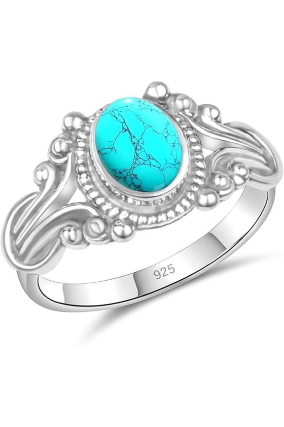 925 Sterling Silver Crystal Stacking Dainty Ring, Handmade Boho Vintage Design, Select Size 5-10 (Created Turquoise, 6)