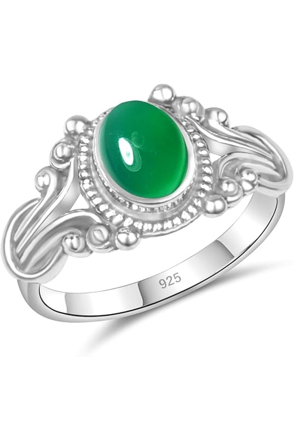 925 Sterling Silver Crystal Stacking Dainty Ring, Handmade Boho Vintage Design, Select Size 5-10 (Green Onyx, 10)