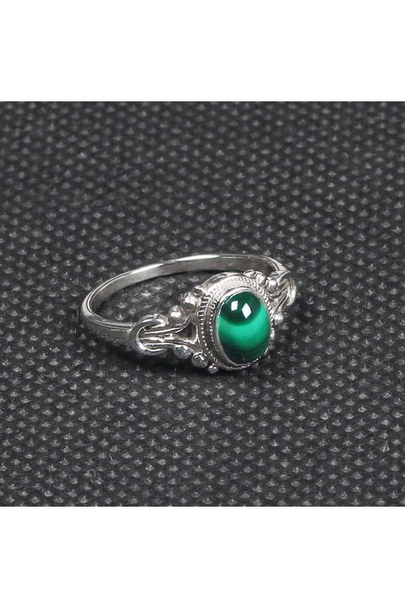 925 Sterling Silver Crystal Stacking Dainty Ring, Handmade Boho Vintage Design, Select Size 5-10 (Malachite, 7)