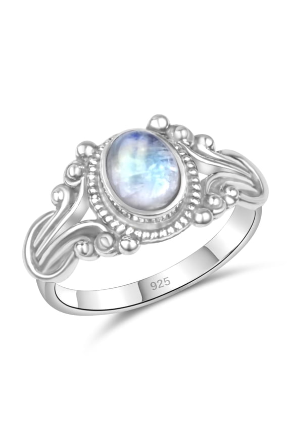 925 Sterling Silver Crystal Stacking Dainty Ring, Handmade Boho Vintage Design, Select Size 5-10 (Moonstone, 5)
