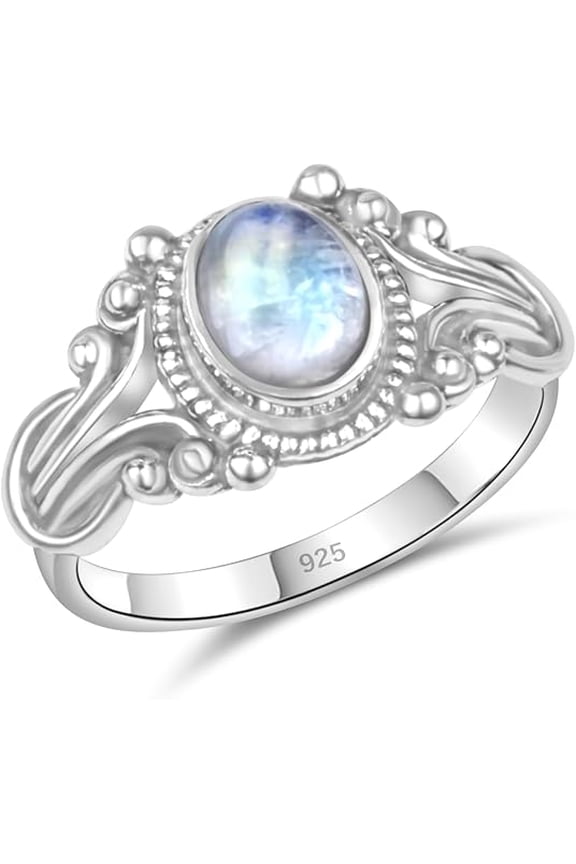 925 Sterling Silver Crystal Stacking Dainty Ring, Handmade Boho Vintage Design, Select Size 5-10 (Moonstone, 8)