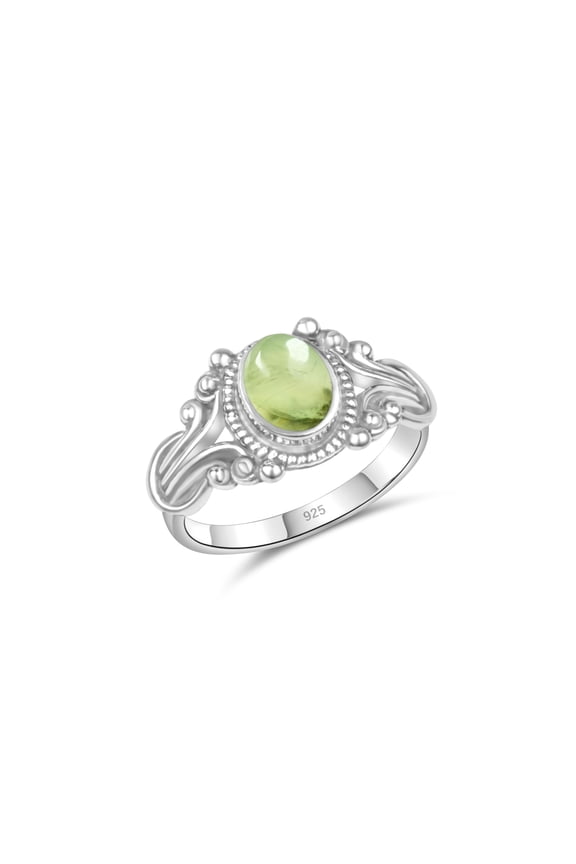 925 Sterling Silver Crystal Stacking Dainty Ring, Handmade Boho Vintage Design, Select Size 5-10 (Prehnite, 7)