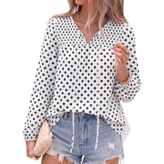 FreshPretty Boho Tops for Women Trendy Fall V Neck Floral Peasant Blouse,Lightweight Soft Puff Long Sleeve Shirts,Smocked Self-Tie Polka Dot Loose Work Blouses,Casual Daily Travel Vacation Outfits