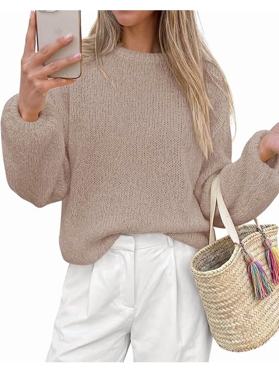 Sweaters for Women Fall Loose Long Sleeve Fuzzy Knit Pullover Tops,Relaxed Lightweight Crew Neck Sweater,Comfy Drop Shoulder Knitwear,Basic Casual Everyday Wear,Warm Chunky Winter Clothes