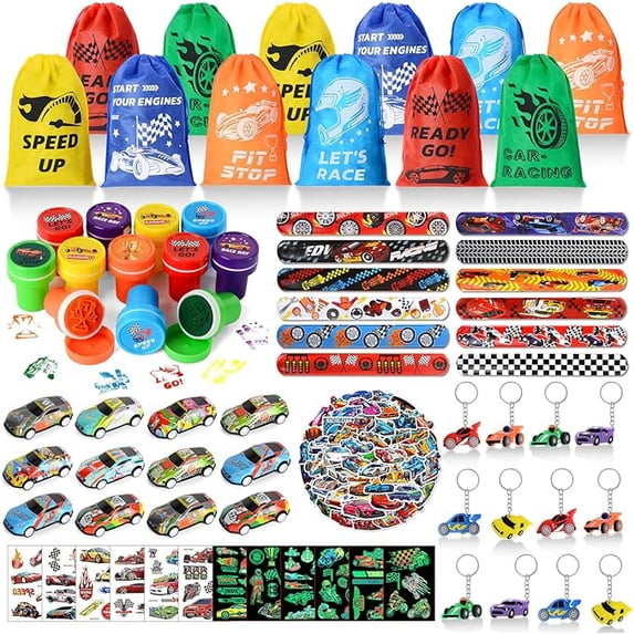 KISPATTI 122 PCS Race Car Party Favors, Racing Birthday Party Favors with Pull Back Cars Drawstring Bags Keychain Stamper Tattoo Stickers, Racecar Theme Party Supplies Goodie Bag for Boys Kids