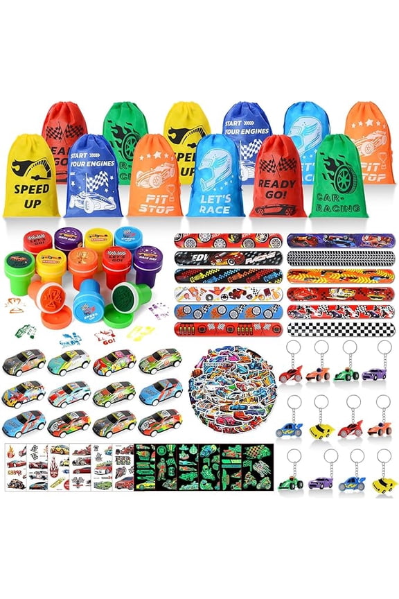 122 PCS Race Car Party Favors, Racing Birthday Party Favors with Pull Back Cars Drawstring Bags Keychain Stamper Tattoo Stickers, Racecar Theme Party Supplies Goodie Bag for Boys Kids