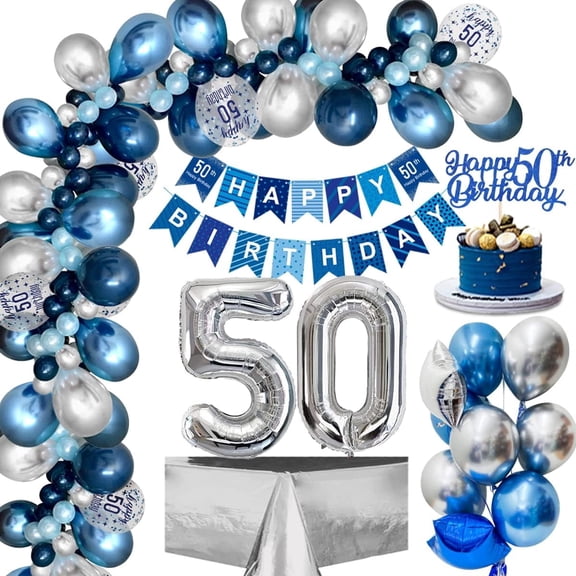 KISPATTI 50th Birthday Decorations for Men and Women, Navy Blue and Silver Balloon Set with Banner, Confetti Number 50 Foil Balloons, Tablecloth and Cake Toppe