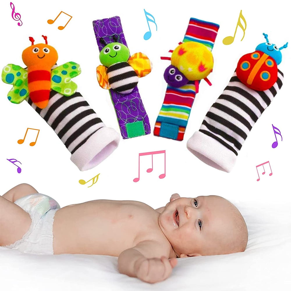 KISPATTI Baby Rattle Sock Toys 36 Months, 4PCS Soft Wrist Rattles and Foot Finders Set for