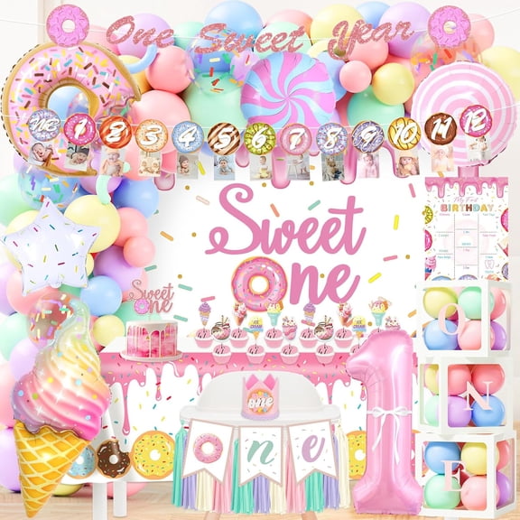 KISPATTI Sweet One 1st Birthday Party Decorations for Girls, Donut Theme Balloon Set with Backdrop, Balloon Boxes, Photo Banner, Tablecloth, Cake Topper and 110 Balloons