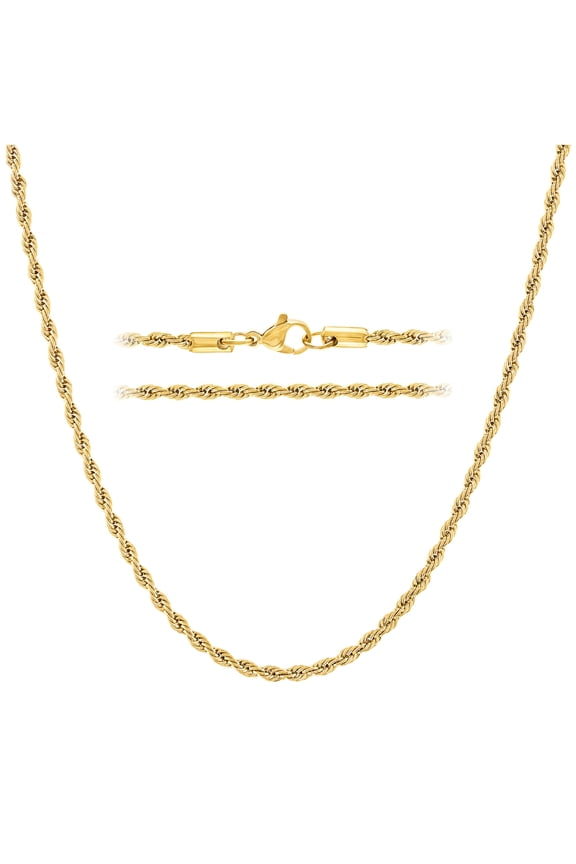18K Gold Plated Rope Chain Necklace for Men 2mm-5mm Stainless Steel
