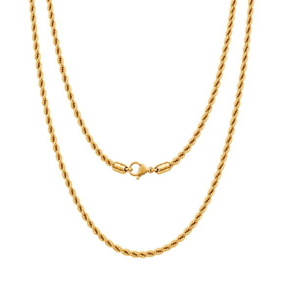 KISPER 18K Gold Plated Rope Chain Necklace for Men 2mm-5mm Stainless Steel