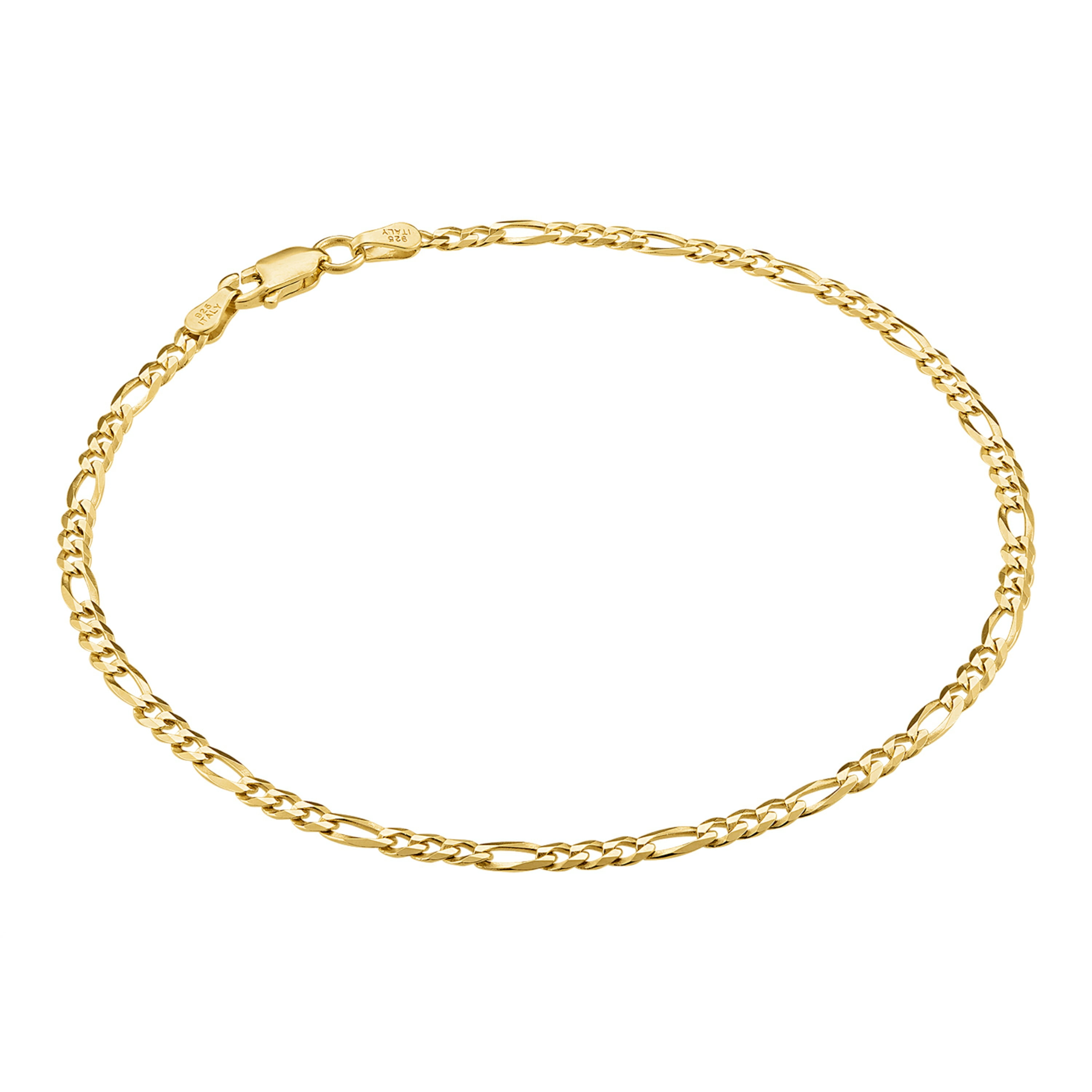 KISPER 925 Sterling Silver Italian 3mm Diamond-Cut Figaro Chain Anklet Bracelet