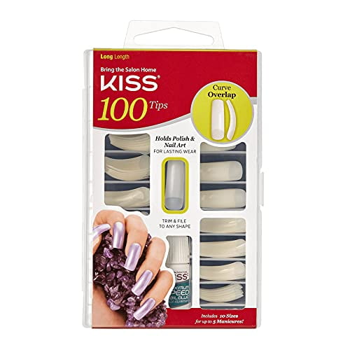 KISS 100 Tips False Nail Kit, Curve Overlap Style, Long Length, Long Lasting Fake Nail Tips, DIY Home Manicure Set with Nail Glue 3 g / 0.11 oz. and 100 Artificial Nails in 10 Sizes