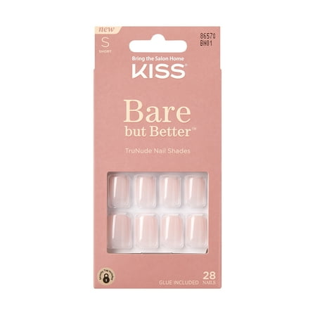 KISS Bare But Better, Press On Nails, Nudies, Beige, Short Squoval, 28 Count