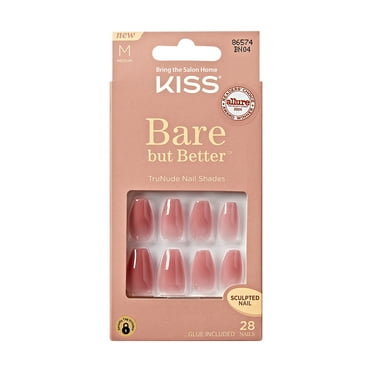 KISS Bare but Better Press on Nails, Nude Nude, Beige, Medium Coffin, 28 Count
