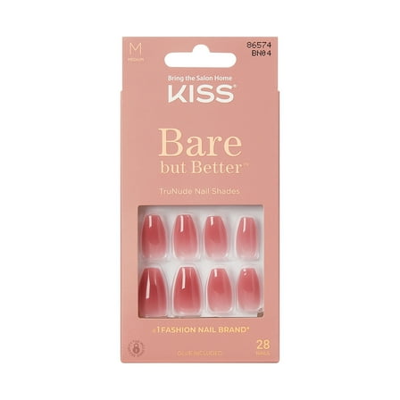 KISS Bare but Better Press On Nails, Glossy Pink, Medium Length, Coffin Shape, 28 Ct.