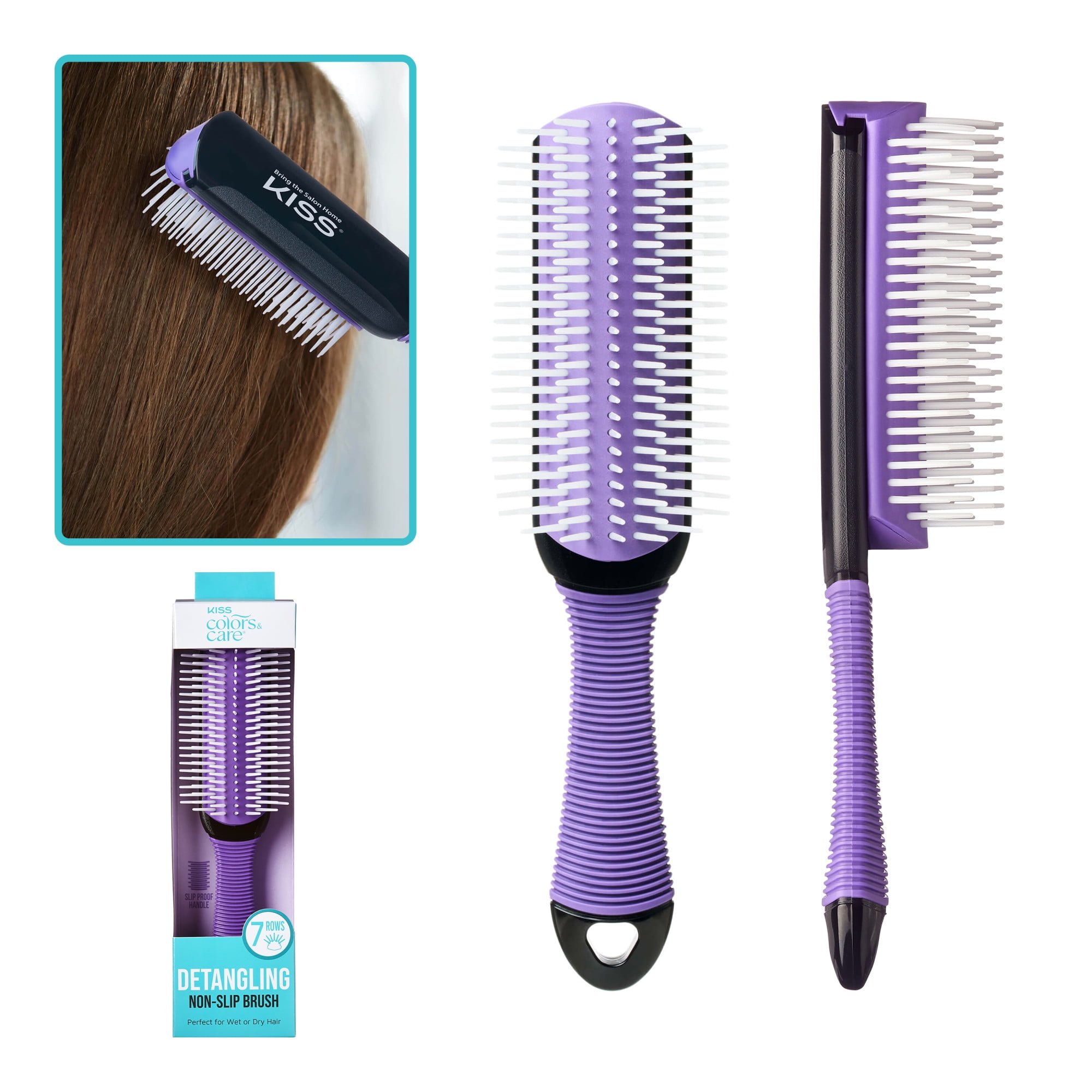 KISS COLORS & CARE 7-Row 8.25" Detangling Hair Brush, Purple