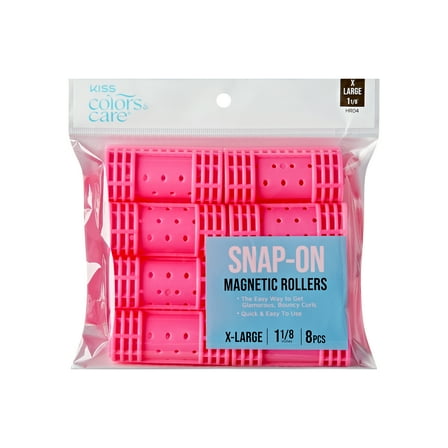 KISS COLORS & CARE Magnetic Snap On Hair Roller, 1 1/8", X-Large, 8 Piece Set, Hot Pink