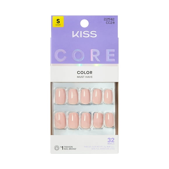 KISS CORE Color Press On Nails, Aesthetic, Pink, Short Squoval, 32 Count