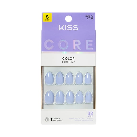 KISS CORE Color Press On Nails Almond, ‘Flee’, Blue, Short Length, 32 Count