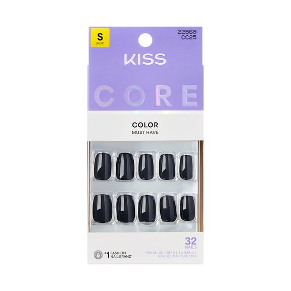 KISS CORE Color Press On Nails, Photogenic, Black, Short Squoval, 32 Count
